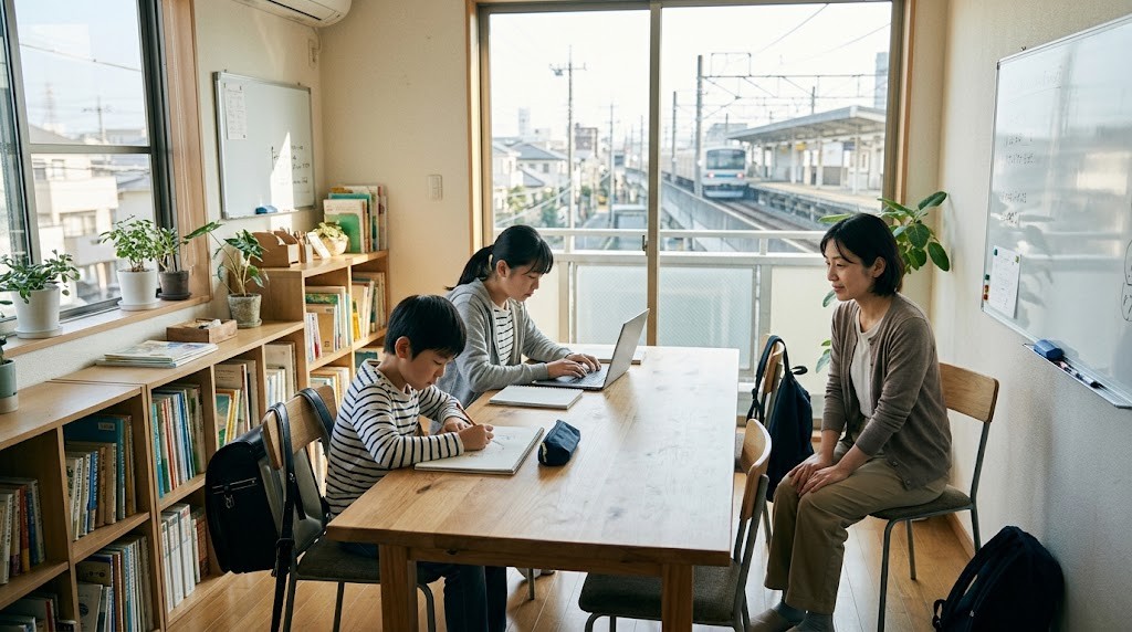 宝塚市の駅近くのフリースクールで、不登校の小学生と中学生がパソコンや創作に取り組んでいる場面（イメージ）