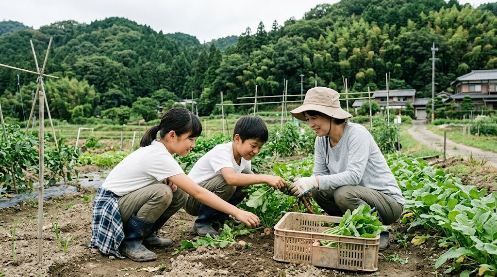 宝塚市周辺の里山の畑で、フリースクールの子どもたちがスタッフと一緒に野菜を収穫している場面（イメージ）