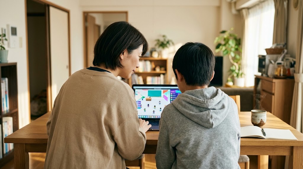 宝塚市の自宅で、不登校の中学生と保護者がオンラインのメタバース校舎の授業を一緒に見ている場面（イメージ）