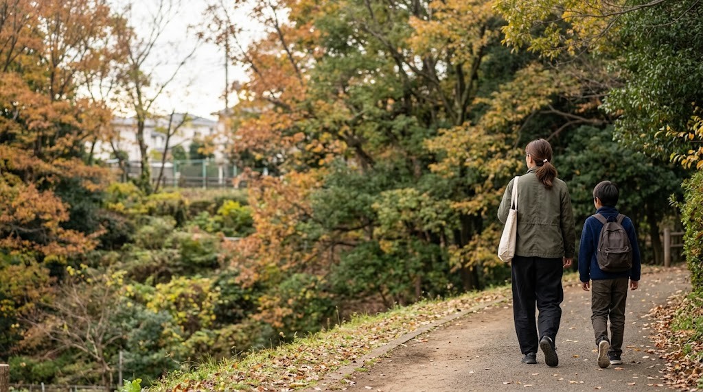 多摩市の公園の小道を親子で歩く場面（イメージ）