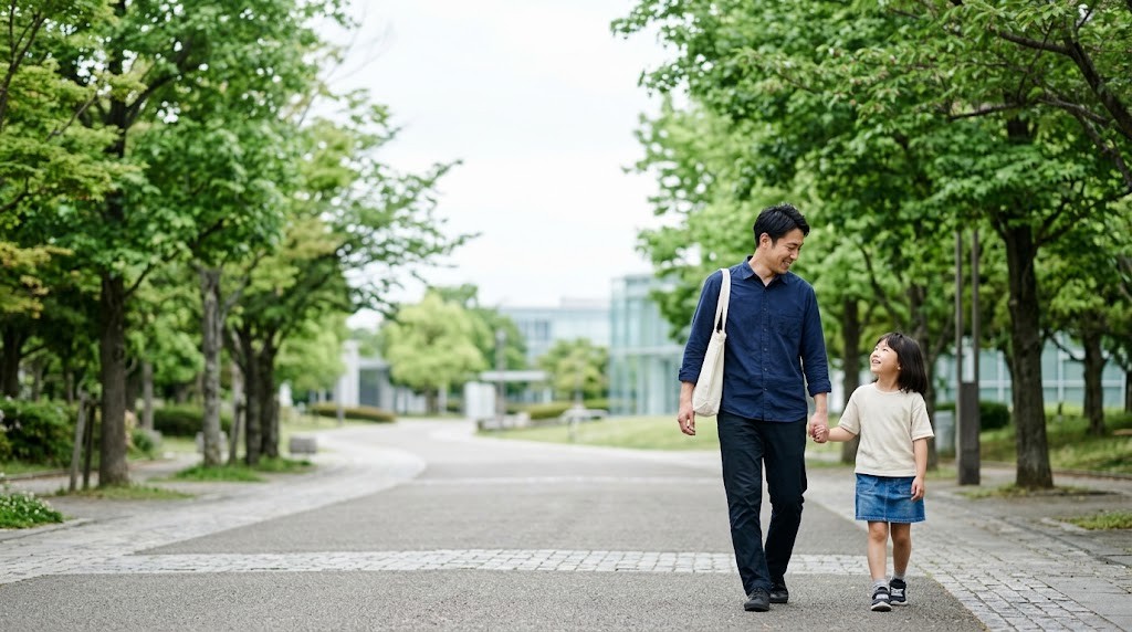 つくば市の並木道を歩く、フリースクールを探す親子（イメージ）