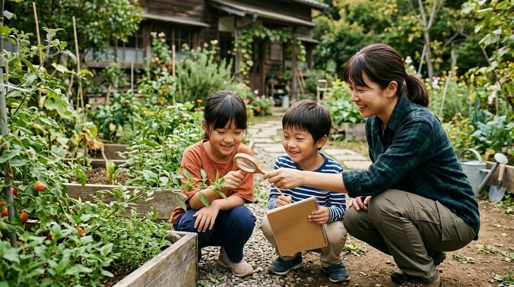 フリースクールの庭で植物を観察する子どもたち（つくば市の記事・イメージ）