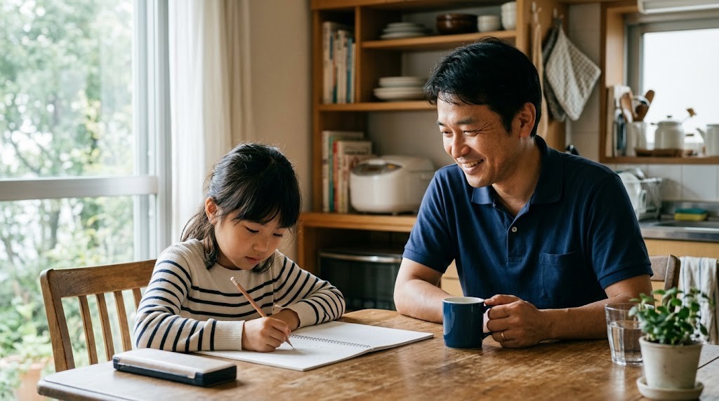 自宅で学ぶ不登校の小学生と見守る父親（つくば市の記事・イメージ）