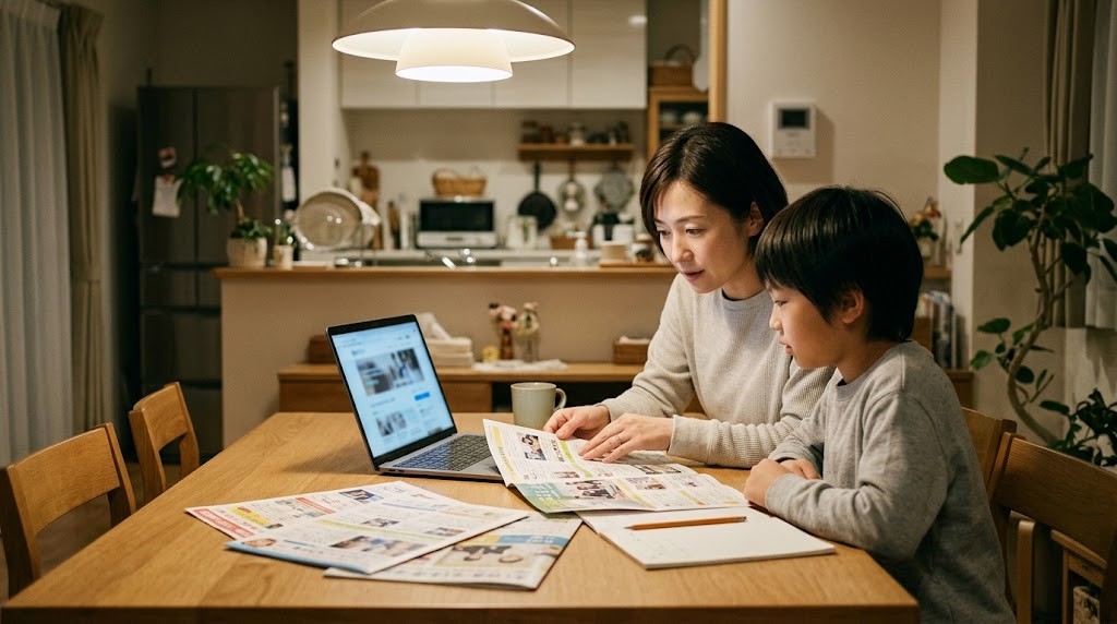 つくば市で学校選びに悩む保護者と子どもが、学校の資料を一緒に見ている場面（イメージ）