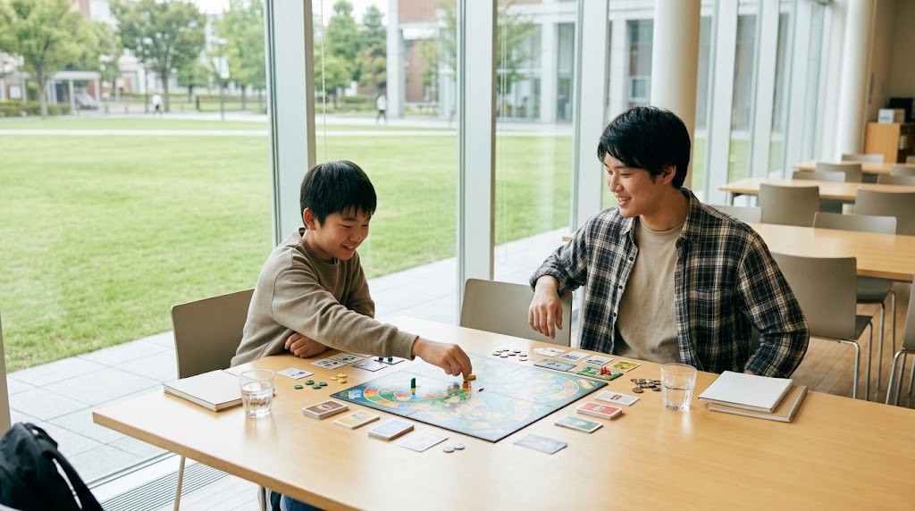宇治市のフリースクールで、不登校の中学生が大学生スタッフとボードゲームをしている場面（イメージ）