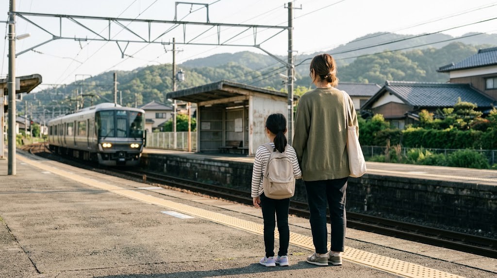 宇治から電車でフリースクールへ見学に向かう、不登校の小学生と保護者が駅のホームで電車を待つ場面（イメージ）