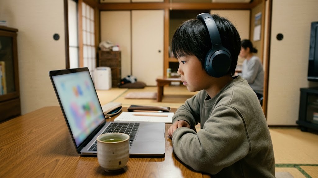 宇治市の自宅からオンラインのフリースクールに参加し、パソコンの前で授業を受ける小学生の場面（イメージ）