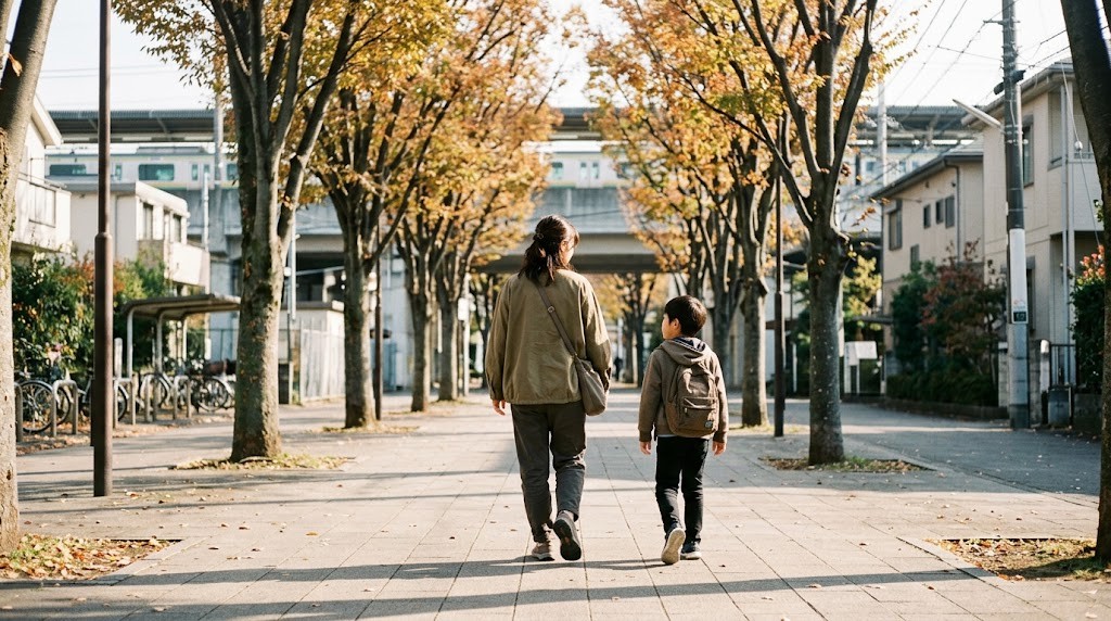 大和市で不登校の子どもと保護者がフリースクールの見学に向かって駅前の遊歩道を歩く場面(イメージ)