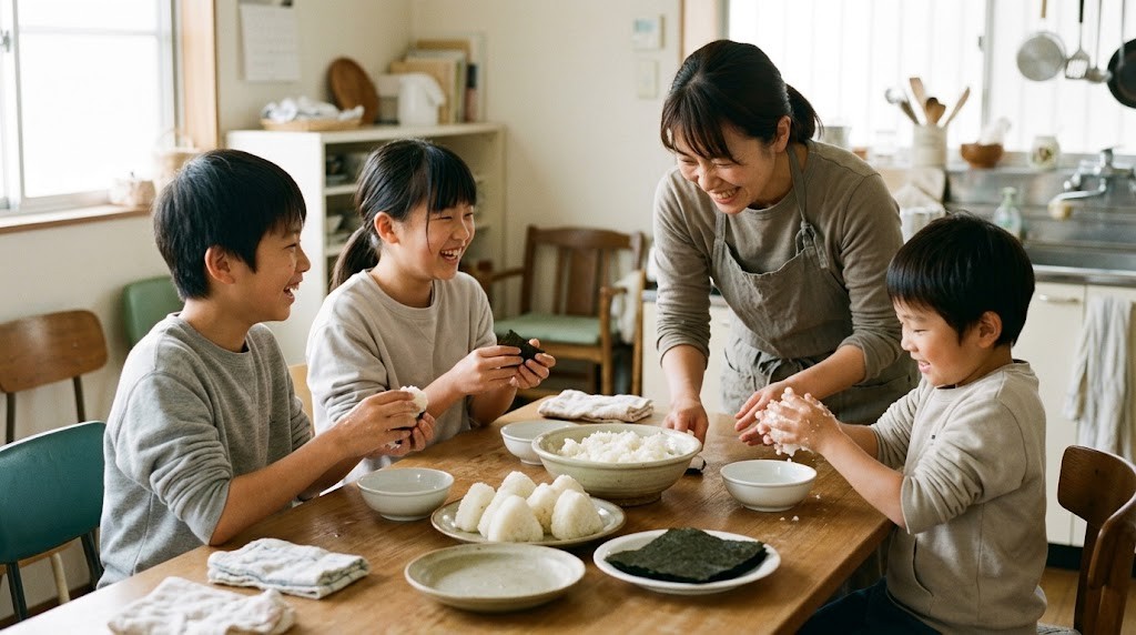 大和市周辺のフリースクールで子どもたちがスタッフと一緒に昼ごはんのおにぎりを作る場面(イメージ)