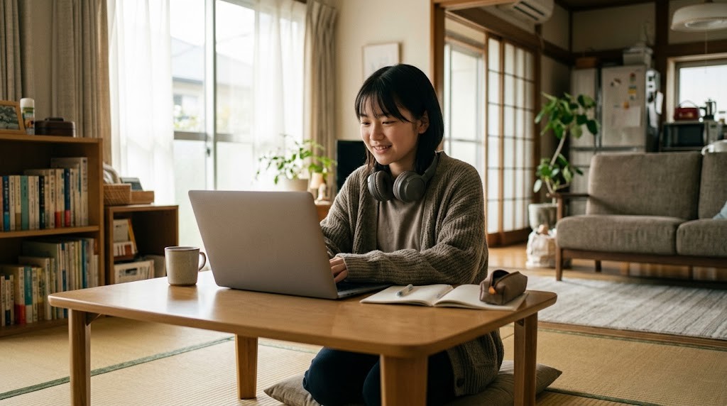 大和市の自宅からオンラインのオルタナティブスクールの授業に参加する中学生の場面(イメージ)