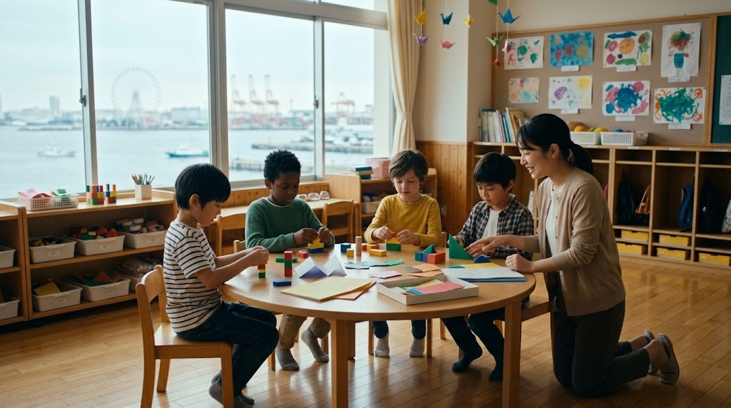 横浜市のインターナショナルスクールをイメージした教室で、小学生がグループで学んでいる場面（イメージ）