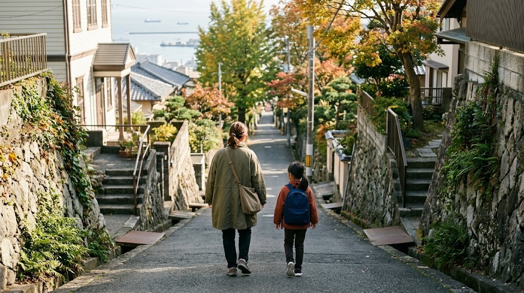 横浜・山手の坂道を、インターナショナルスクールの見学に向かう親子が歩いている場面（イメージ）