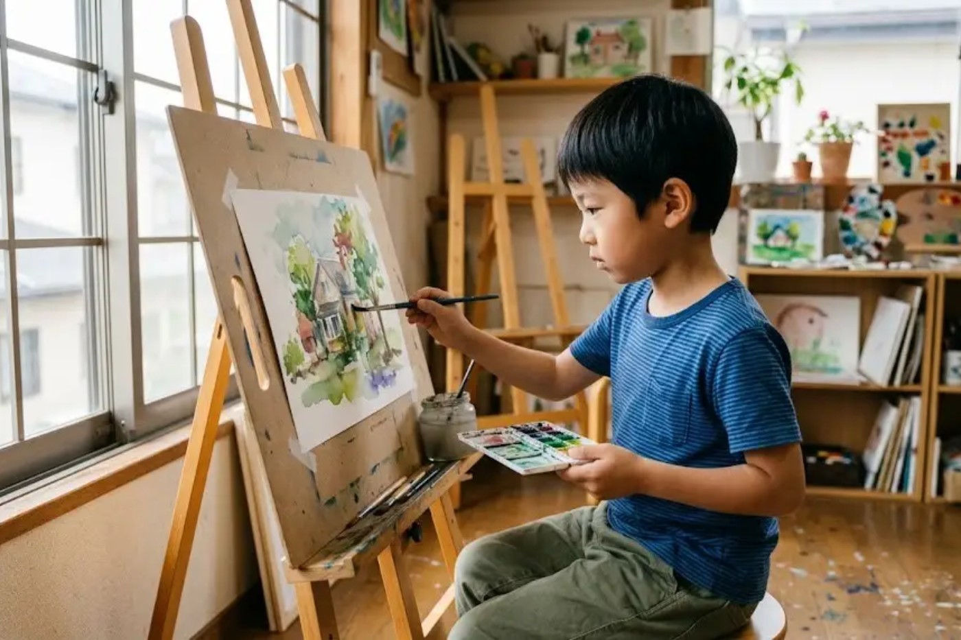 イーゼルの前で絵を描く子ども