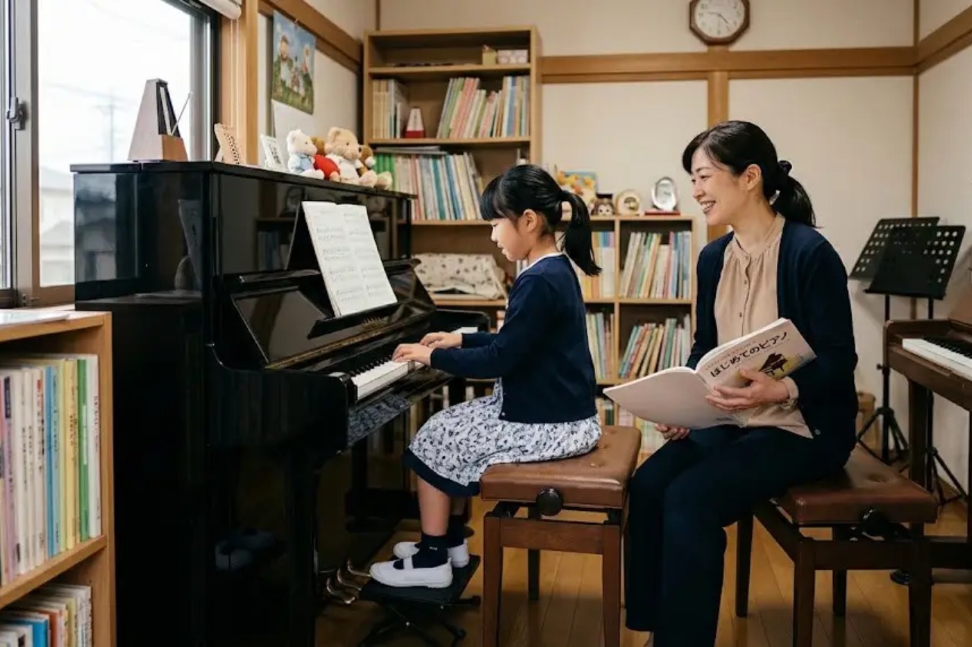 ピアノの横で寄り添う親子
