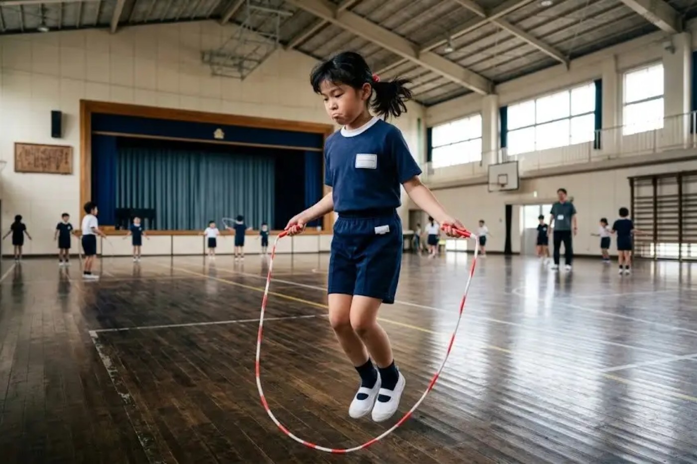 体育館で縄跳びをする子ども