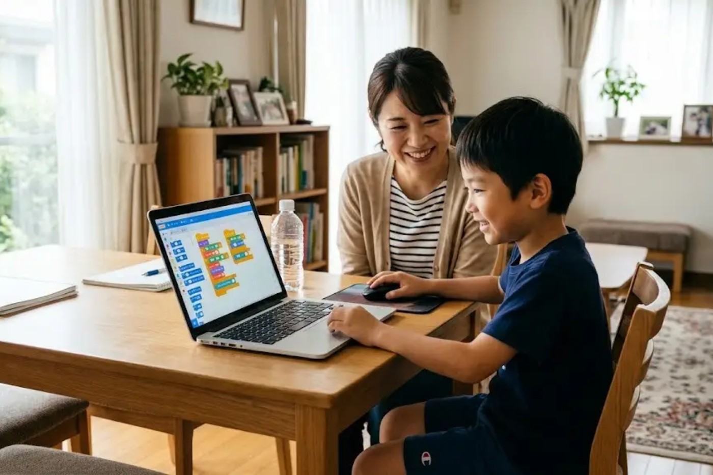 親子でパソコンを見る様子