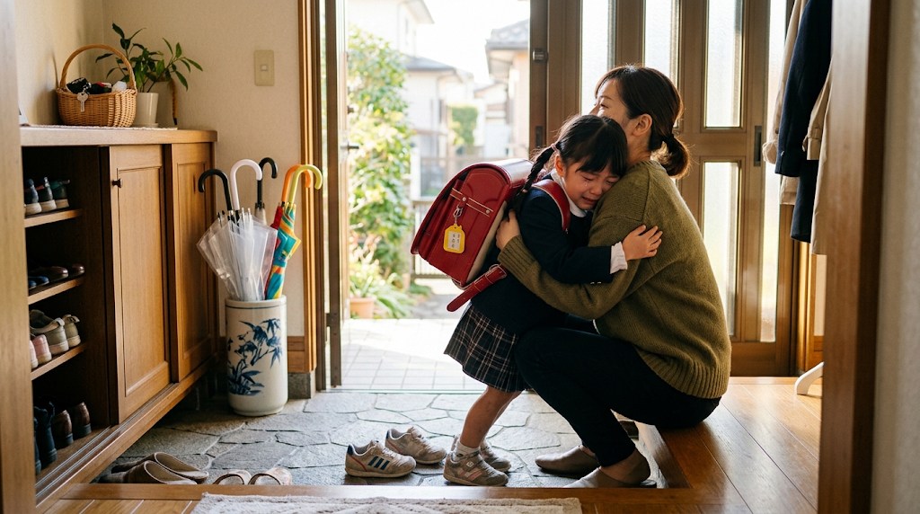 朝の玄関で、泣いている子どもを母親がしゃがんで抱きしめている