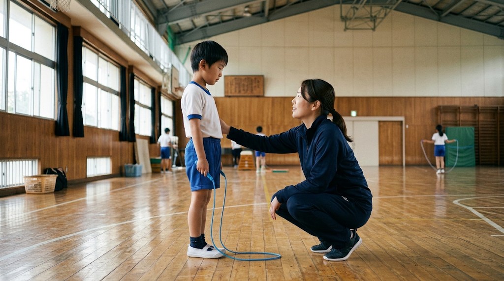 縄跳びがうまく跳べない小学生に、先生がしゃがんで目線を合わせて声をかけている体育館の様子