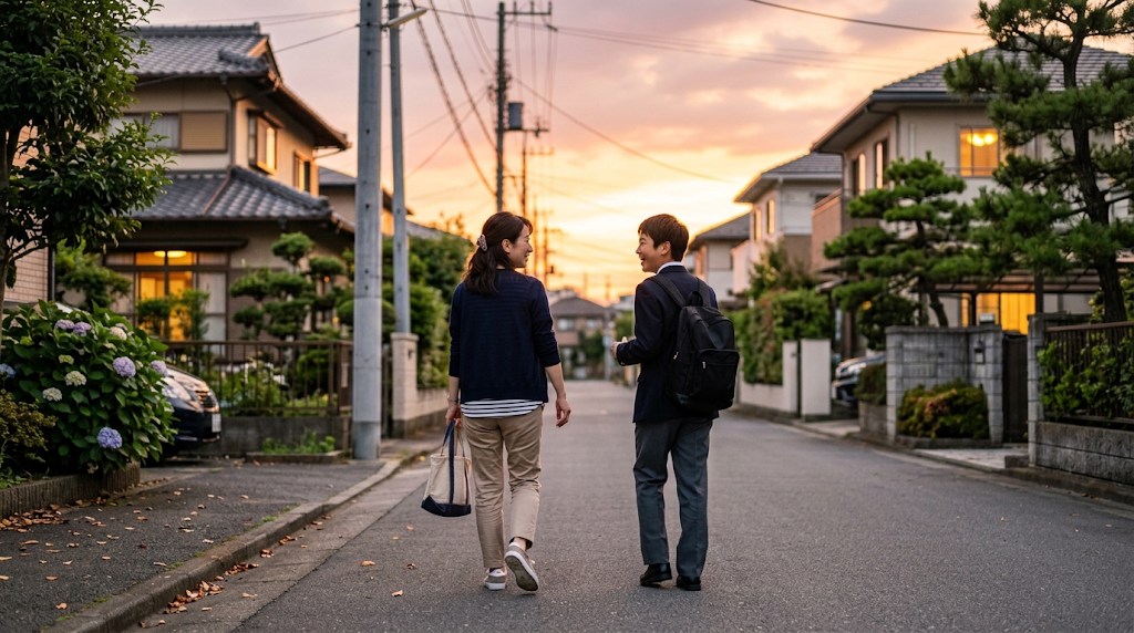 夕方の住宅街を、母親と中学生の子どもがゆっくり散歩している様子