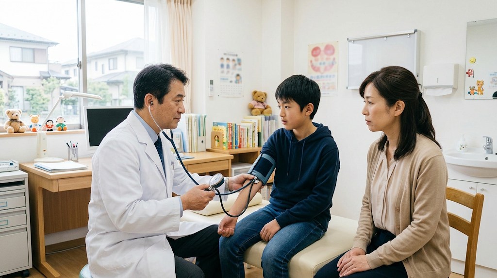 小児科の診察室で医師が血圧を測り、男子中学生と母親が説明を聞いている様子