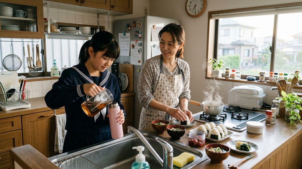 台所で水筒に水を入れる中学生の娘と、食事を用意する母親