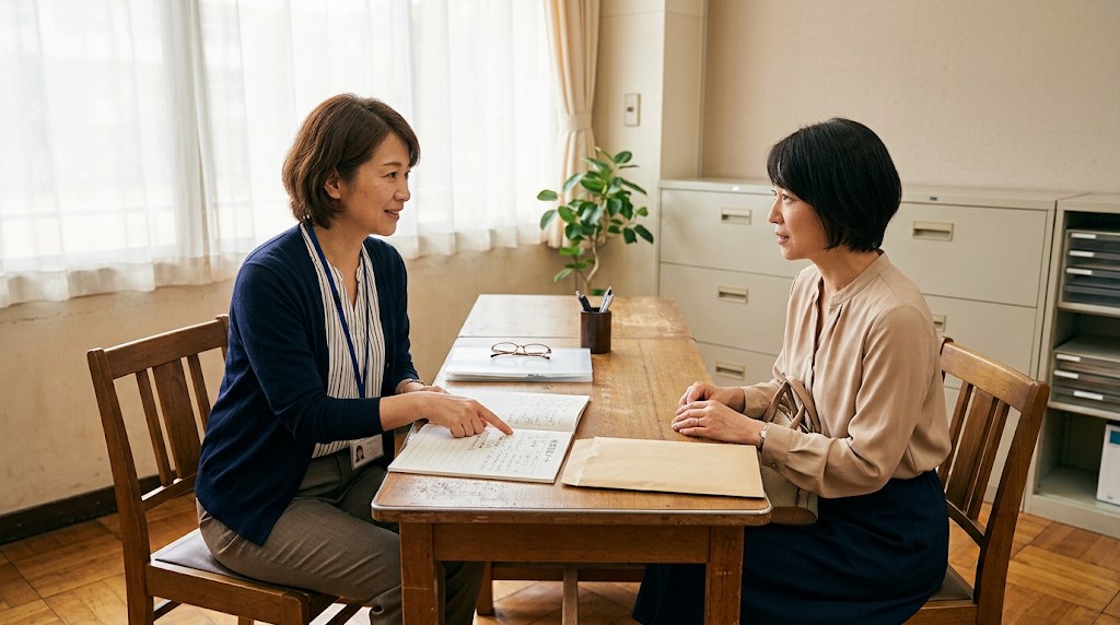 中学校の相談室で、担任の先生と母親が体調記録のノートを見ながら話し合う様子