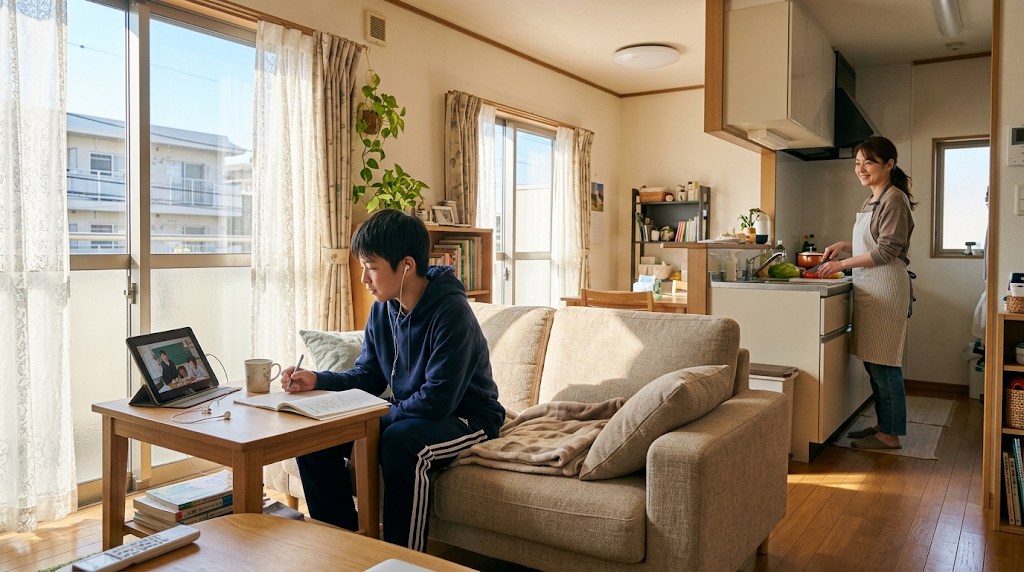 午後、リビングのテーブルでタブレットを使ってオンライン授業を受ける中学生の男の子