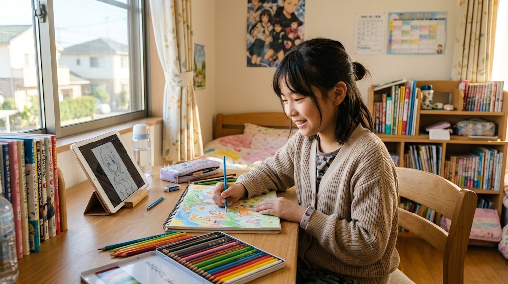 午後の自室で、机に向かって楽しそうに絵を描いている小学校高学年の子ども