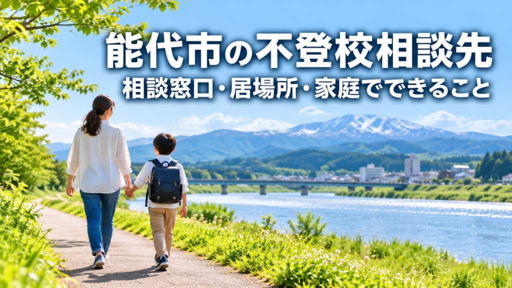 能代市の不登校相談先。親子が能代市の川沿いを歩く明るい風景に、相談窓口・居場所・家庭でできることと書かれた記事画像