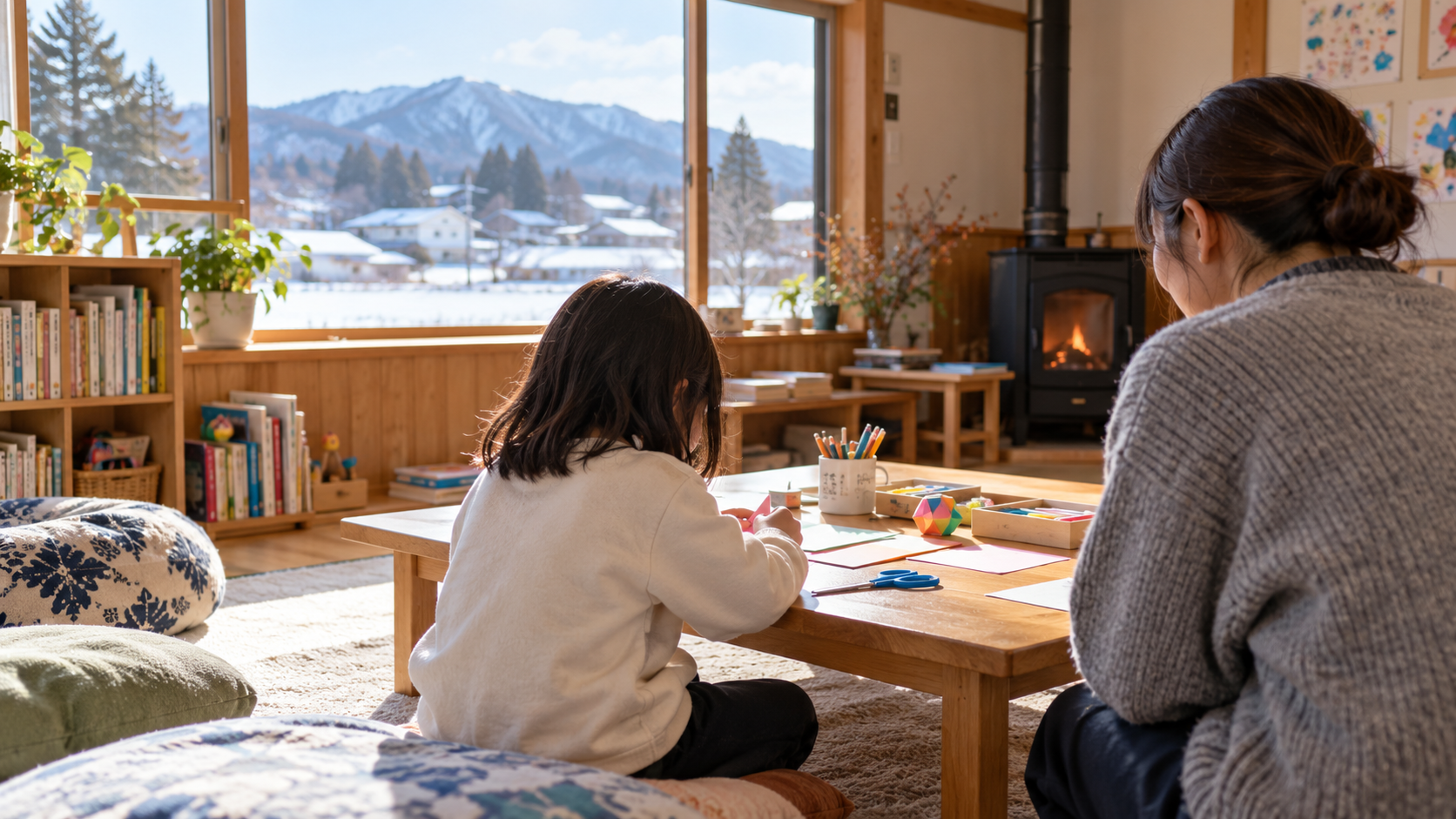 秋田の雪景色が見える暖かな学びの部屋で、子どもが工作をしている様子