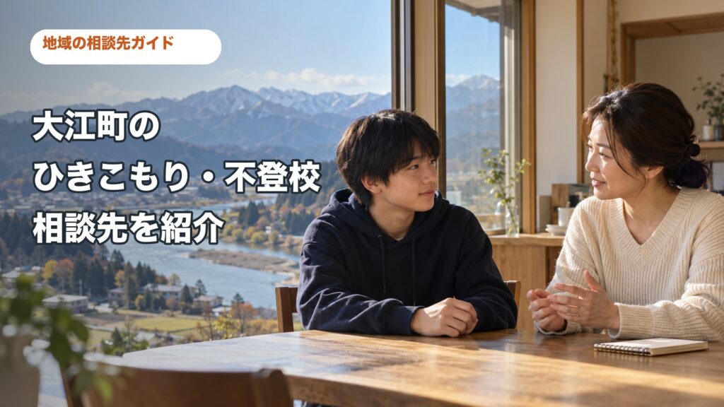大江町のひきこもり・不登校相談先を紹介するサムネイル。家庭で親子が話す様子