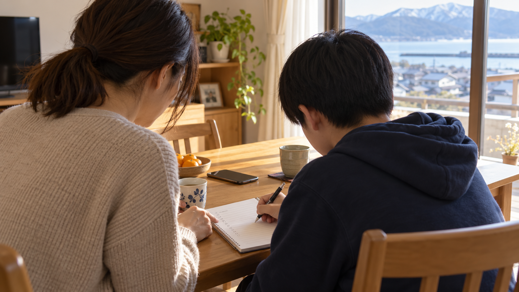 保護者と子どもが相談前に話したいことをノートへ書き出す様子