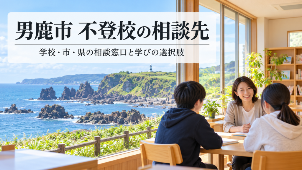 男鹿市の海岸を背景に、学校・市・県の相談先と学びを紹介する明るい画像