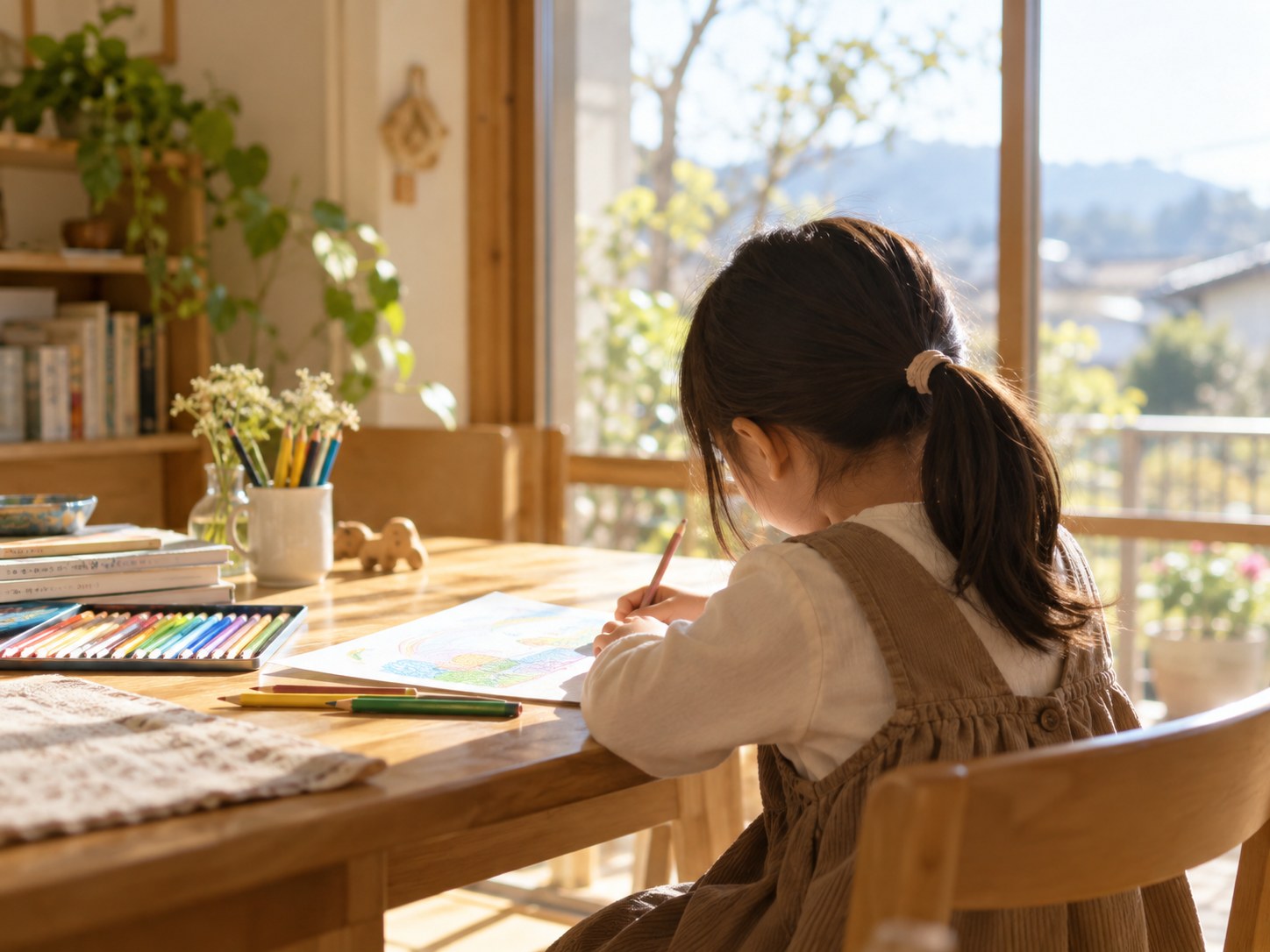 大河原町の自宅で絵を描く子ども