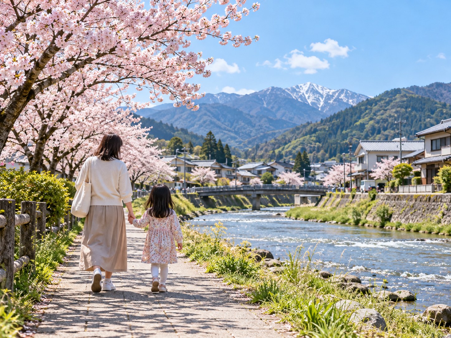 白石川沿いを歩く親子