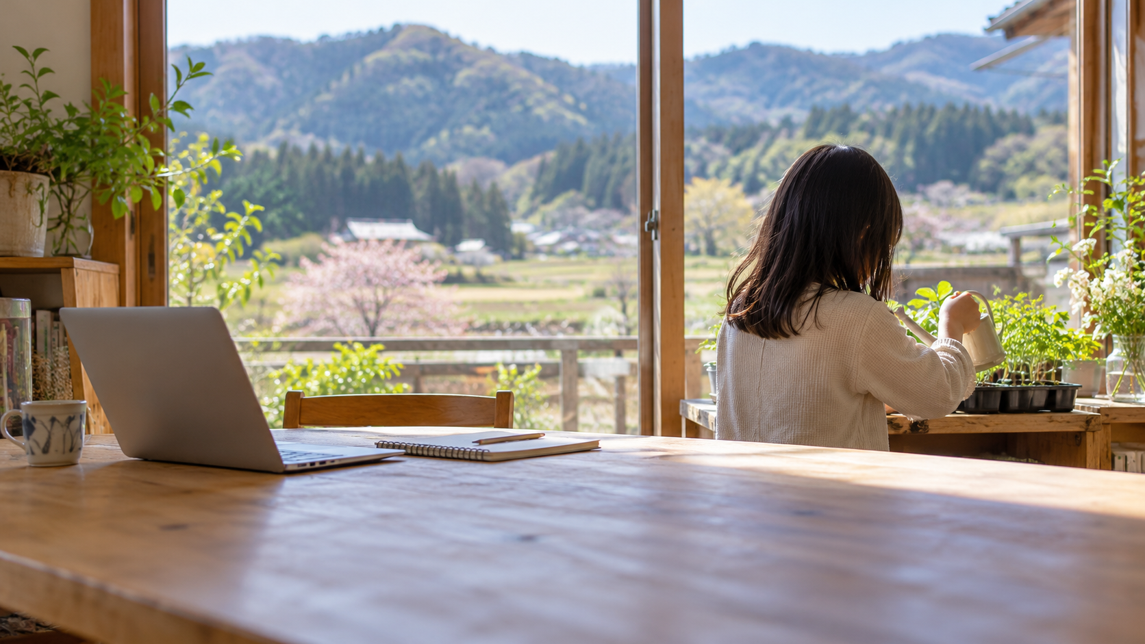 小国町向けに作成した、山並みの窓辺で植物を育てる子どものCTA背景写真