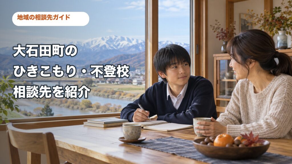 大石田町のひきこもり・不登校相談先を紹介するサムネイル。家庭で保護者と子どもが話す様子