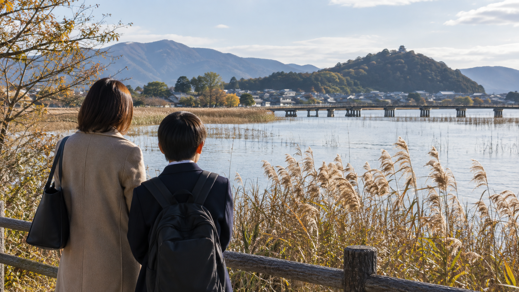 近江八幡市をイメージした水辺の景色と親子の学習風景（通学と家庭で話し合う場面のイメージ）