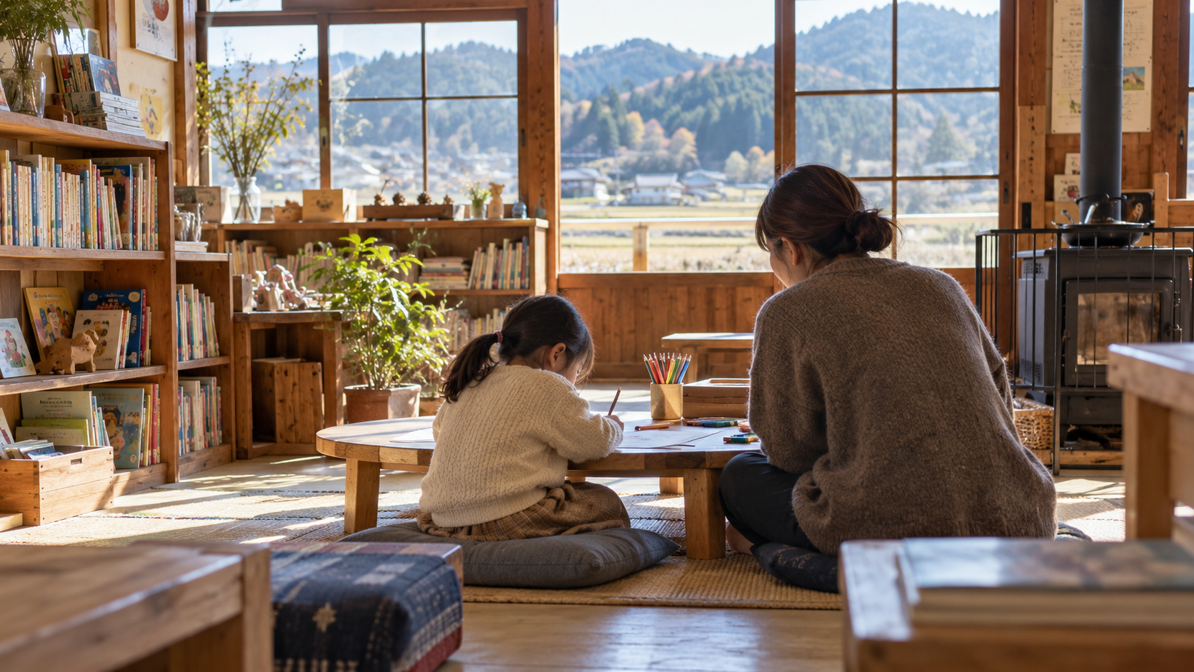 窓辺で一緒に学習する子どもたち