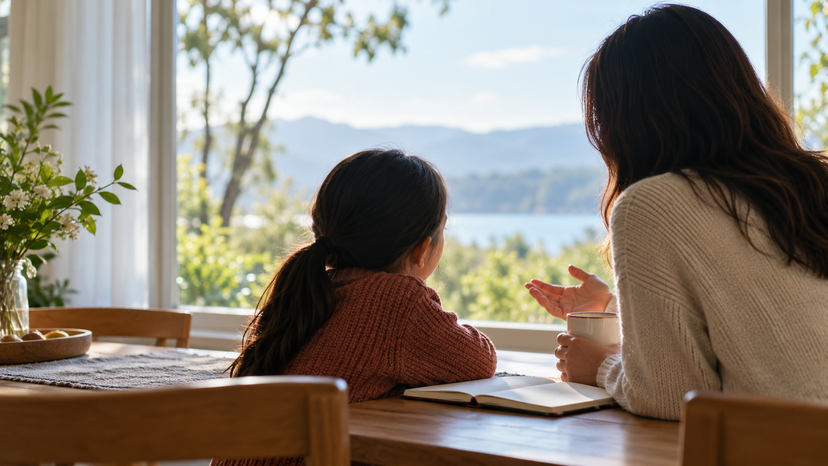 家庭で子どもの話を聞く保護者