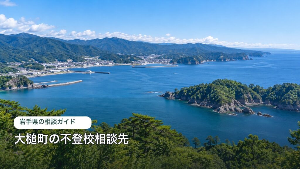 大槌町の不登校相談ガイドのアイキャッチ。町の特徴を表す明るい風景写真に自治体名を重ねた画像