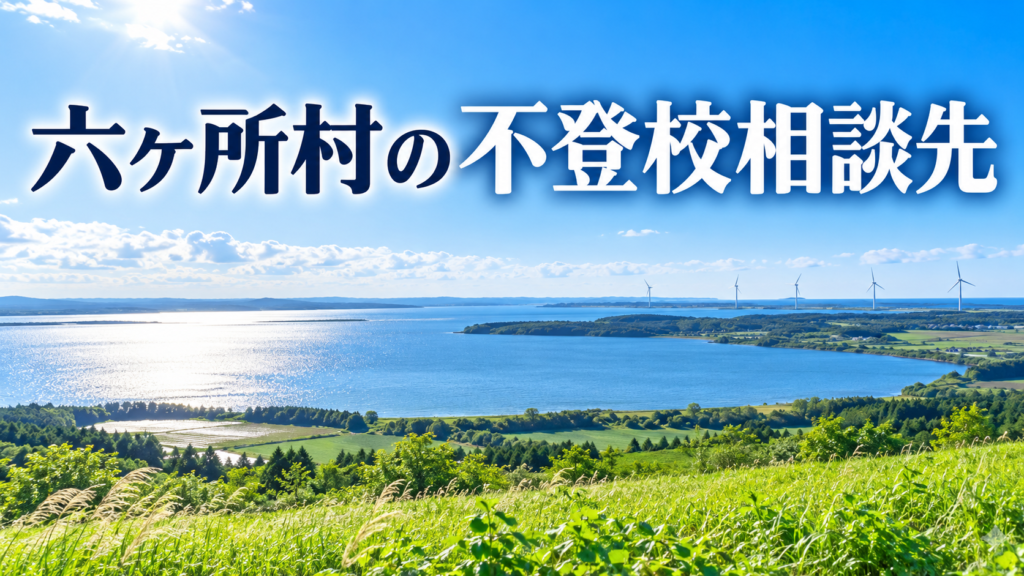 青森県六ヶ所村の湖と風車の明るいオリジナル風景と「六ヶ所村の不登校相談先」の文字入りサムネイル