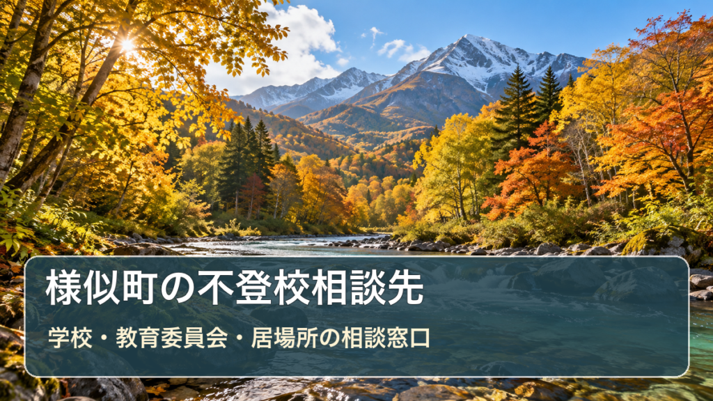 様似町の不登校相談先ガイド。風景写真に学校・教育委員会・居場所の相談先の文字を重ねた画像