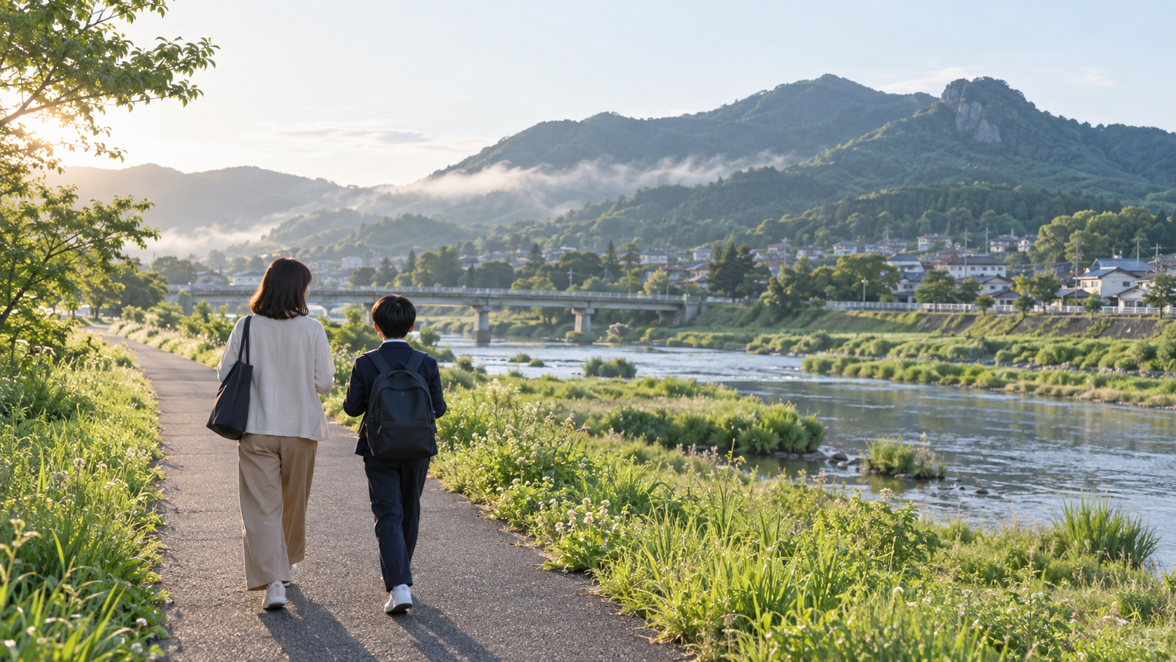 佐野市をイメージした山並みと親子の学習風景（通学と家庭で話し合う場面のイメージ）