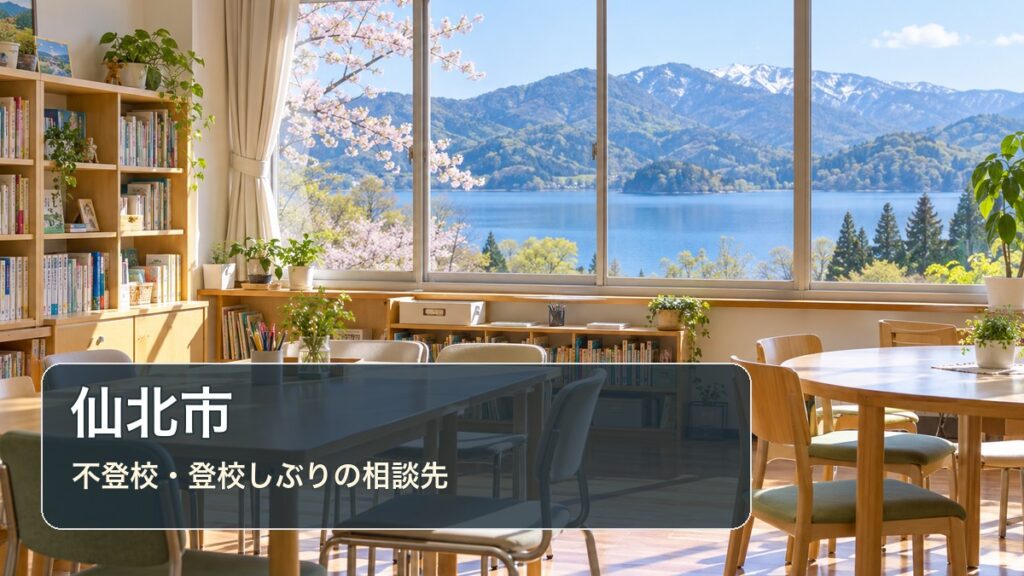 仙北市の学びの居場所をイメージした明るい学習室と「仙北市 不登校・登校しぶりの相談先」の文字