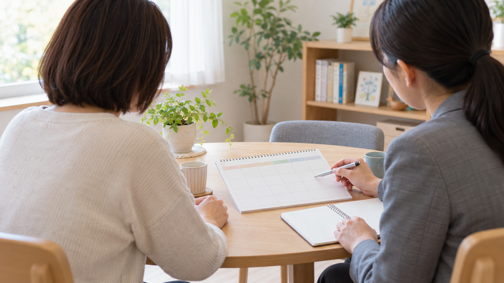 保護者が相談員と一緒に家庭での過ごし方を整理している様子
