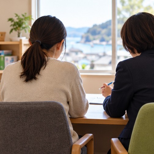 保護者と相談員が落ち着いて話す場面