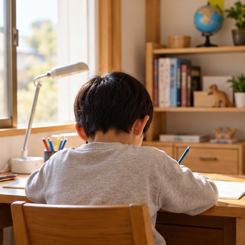 窓辺の机で静かに学ぶ子どもの後ろ姿