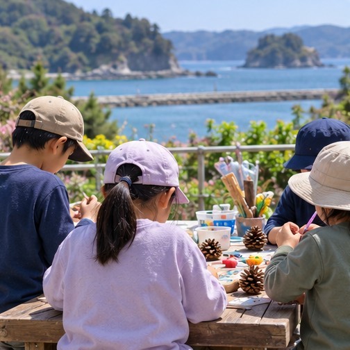 海辺の町で仲間と創作活動をする子どもたち