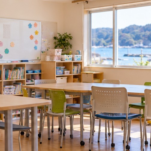 七ヶ浜町の海を望む明るい学習支援室